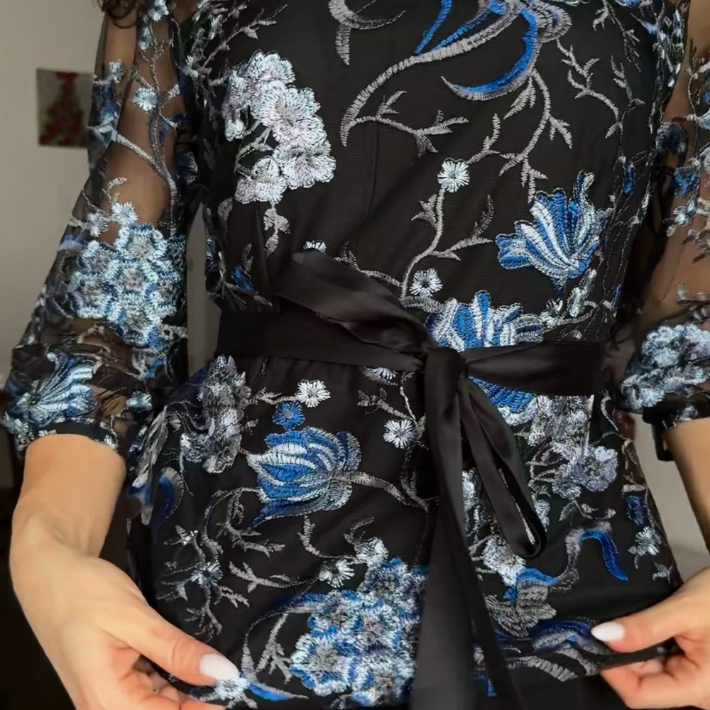 Black Sheer Floral Embroidered Blouse with Tie Waist